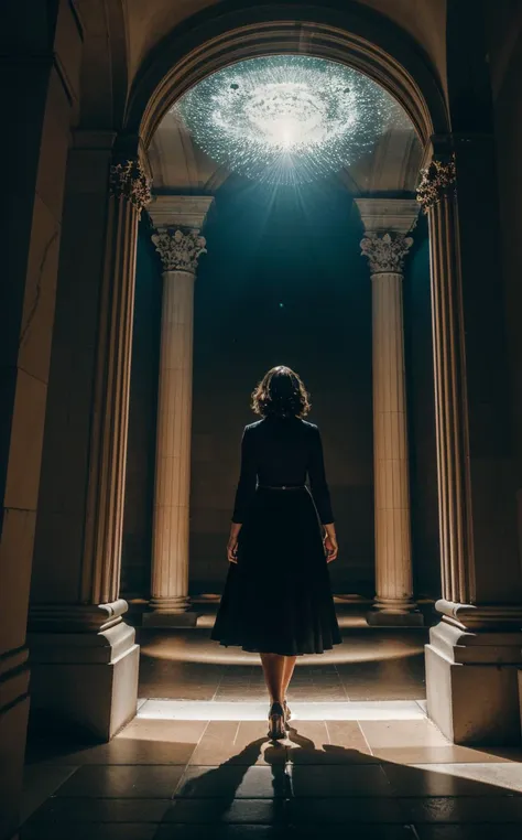 a woman standing in a doorway looking at a light shining through the window