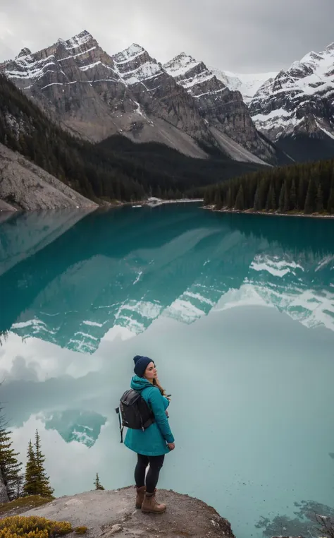 a woman standing on a rock overlooking a lake with mountains in the background