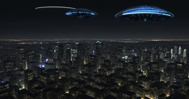 a close up of two flying saucers over a city at night