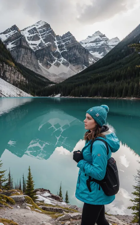 a woman in a blue jacket and hat standing on a rock near a lake