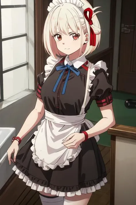 best quality, masterpiece, highres, solo, {maid:1.40}, {long maid dress:1.15}, {nishikigi_chisato_lycorisrecoil:1.15}, short_hair, bangs, blonde_hair, red_eyes, ribbon, hair_ribbon, red_ribbon, bob_cut, closed_mouth, neck_ribbon, blue_ribbon