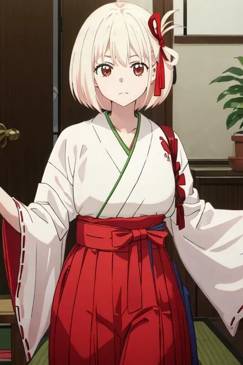 best quality, masterpiece, highres, solo, {white kimono:1.35}, {red hakama:1.35}, {wide sleeves:1.20}, {nishikigi_chisato_lycorisrecoil:1.15}, short_hair, bangs, blonde_hair, red_eyes, ribbon, hair_ribbon, red_ribbon, bob_cut, closed_mouth, neck_ribbon, bl...