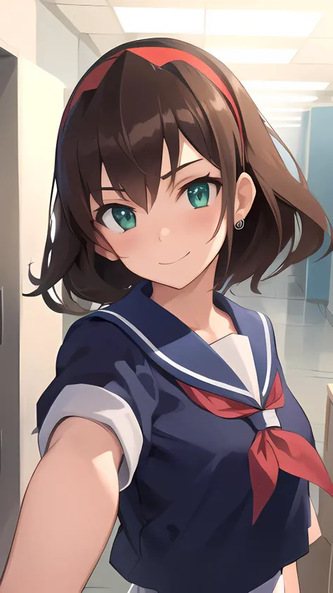 1girl, lockers, school uniform, blue sailor collar, red neckerchief, pov, kabedon, smile, foreshortening,, masterpiece, best quality, highly detailed,  <lora:Tron_Bonne_MegaMan_Legends_V:1>  green eyes, brown hair, hairband, hair pulled back,