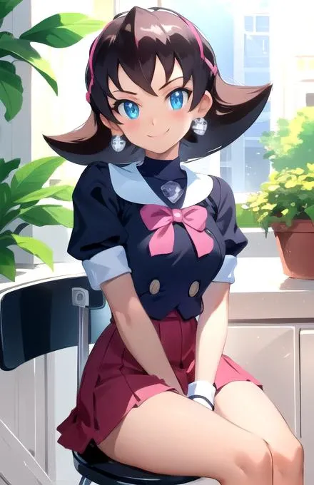 <lora:Tron_Bonne_MegaMan_Legends_V:1> tron bonne, masterpiece, best quality, ultra-detailed, illustration, 1girl, solo, bokeh, Depth of field, Cinematic Light, Lens Flare, soft light, ray tracing, school uniform, white shirt, tie, sitting on chair, heart c...