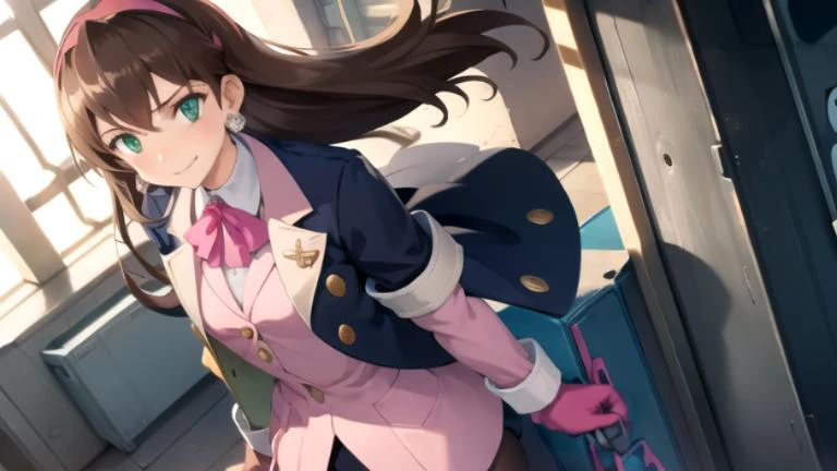 <lora:school_hallway_v0.1:1> 1girl, school hallway, school uniform, walking, sunlight,, masterpiece, best quality, highly detailed,  <lora:Tron_Bonne_MegaMan_Legends_V:1> green eyes, brown hair, gloves, earrings, hairband, jewelry, cropped jacket, pantyhos...