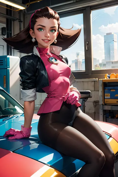 tron_bonne_megamanl, green eyes, brown hair, gloves, hairband, jewelry, cropped jacket, pantyhose, pink gloves, hair pulled back, looking at viewer, smiling, smug,
sitting, interior of a futuristic garage, extreme detail, hdr, fantasy quality, masterpiece,...