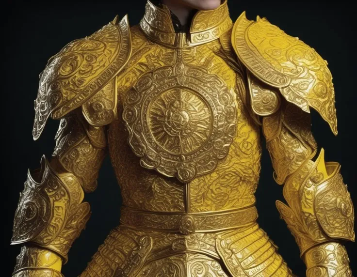 a close up of a person in a gold armor with a sword