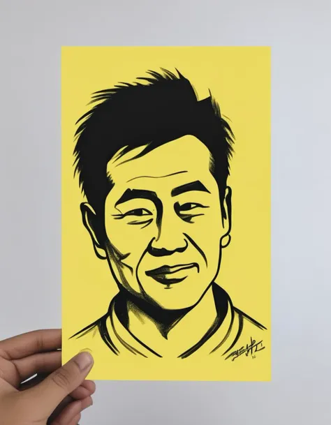 a person holding up a yellow and black drawing of a man