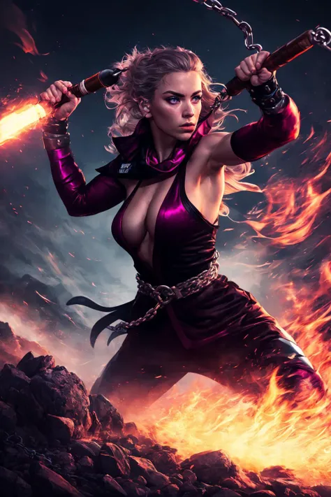 Dystopian style long shot scenic professional photograph of neonpunk style SFW.
 <lora:Nunchucks-10:0.5>nunchucks, holding weapon, chains.
woman.
Empower her strength, unleash her potential, and let courage be her guiding force.  Mastering the art of resil...