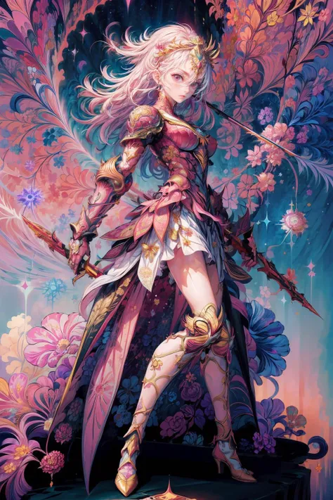 girl,(fractal art:1.3),flower dress, colorful, colorful background,iridescent armor,iridescent hair,pink theme,full body shot,bare legs,long legs,long hair,headress,holding weapon,holding sword,swordman,holding a sword,(fighting stance:1.3),fighting pose,m...