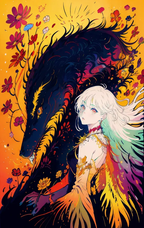 (female:1.4),dark background,bright background,(color),flower,(color background:1.2),<lora:Iridescence:0.7>,(dynamic_angle),the most beautiful chaotic form,grace,beast design,vivid colors,(romanticism),