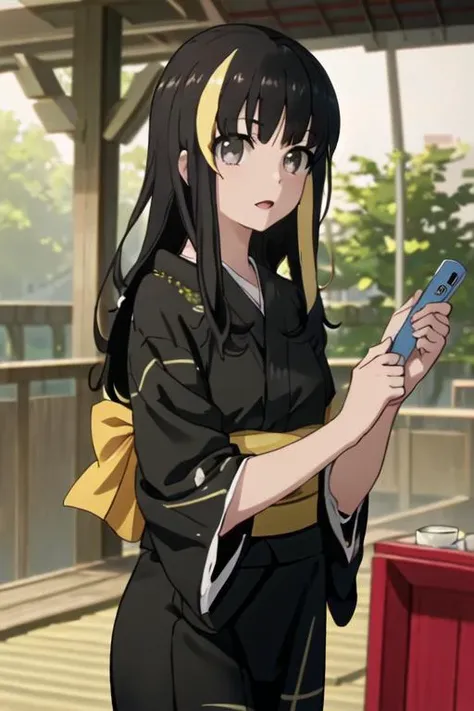 best quality, masterpiece, highres, solo, {yukata:1.40}, {kimono:1.20}, {tsubaki_ando_shirobako:1.15}, black_hair, multicolored_hair, streaked_hair, blonde_hair, long_hair, bangs, black_eyes, grey_eyes