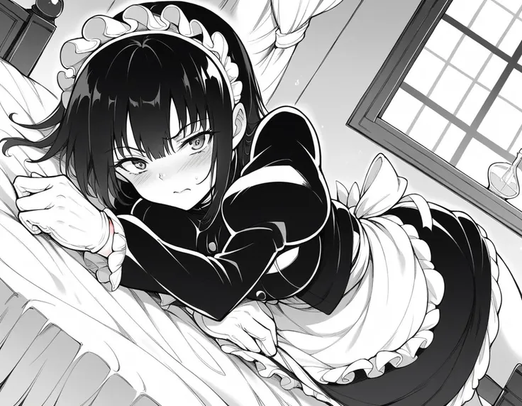 anime girl laying on bed with black and white dress and white apron