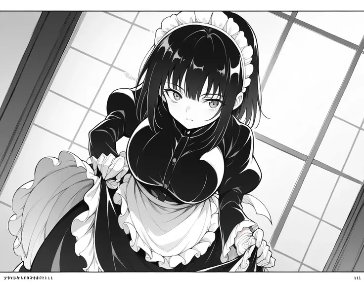 anime character in maid outfit standing in front of window with a knife