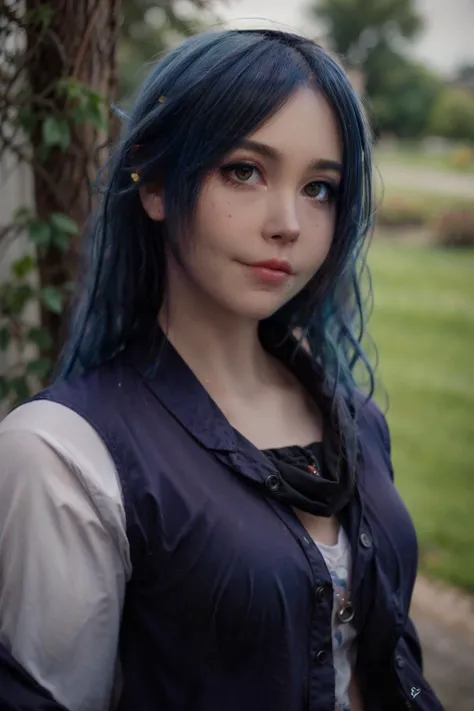 arafed woman with blue hair and a black vest posing for a picture