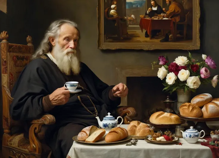 oil painting of an old man with a bushy beard sips tea from a delicate china cup, lost in thought. His wife sits beside him, her hand resting affectionately on his knee. A feast spreads before them, filled with sumptuous dishes fit for royalty. The air is ...