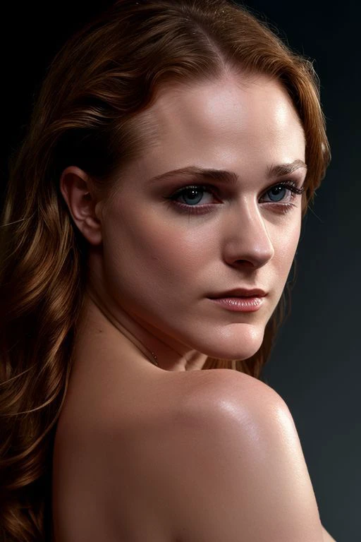 full color photography of Evan Rachel Wood, (nude:1.0), (oiled shiny skin:1.0), face close up,
masterpiece, best quality, sharp focus, highres 8k uhd, ultra-detailed, rim light, deep grey background,
 <lora:Evan Rachel Wood:1.1>