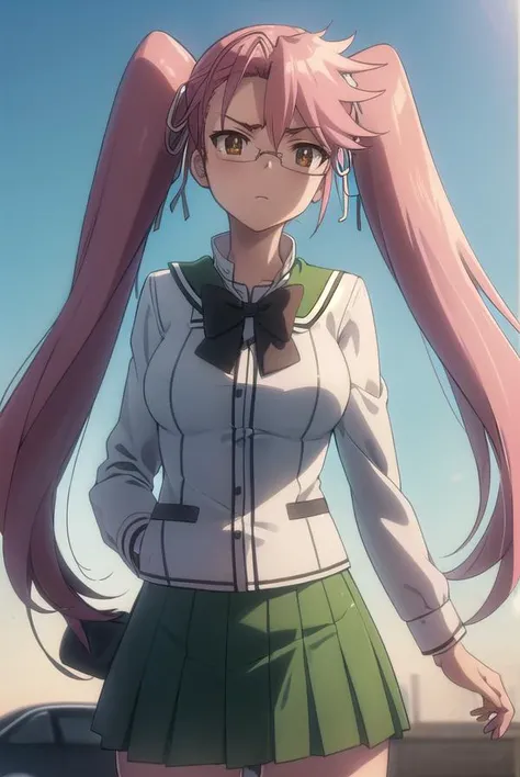 sayatakagi, <lora:saya takagi s1-lora-nochekaiser:1>,
saya takagi, long hair, ribbon, twintails, (brown eyes:1.3), hair ribbon, pink hair, glasses,
BREAK skirt, thighhighs, school uniform, serafuku, zettai ryouiki, green skirt, bowtie, long sleeves, black ...