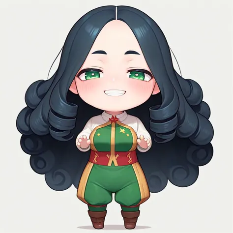 a cartoon girl with long black hair and green eyes