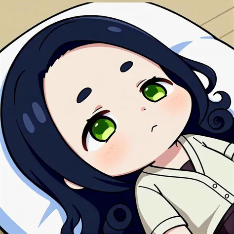 anime girl with green eyes laying on a bed with a pillow