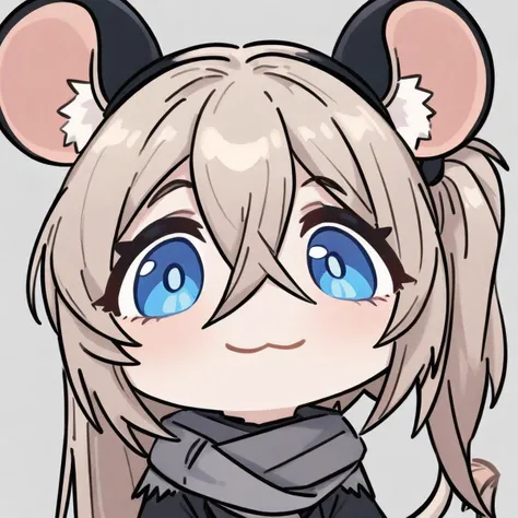 masterpiece,best quality,very aesthetic,absurdres,simple background,1girl,mouse girl,animal ear fluff,mouse ears,tail,mouse tail,blue eyes,ash blonde hair,hair between eyes,side ponytail,very long hairs,very long side ponytail,hair over ears,long sleeves,w...