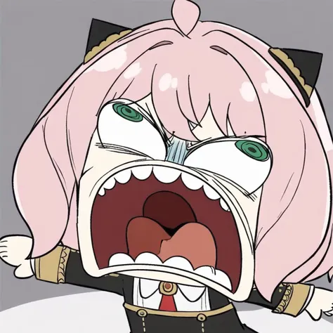 anime character with pink hair and green eyes with mouth open