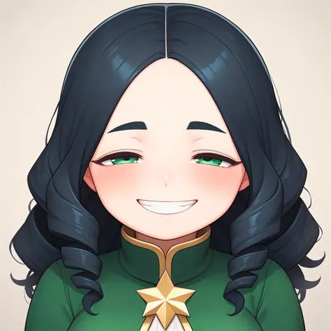 a cartoon girl with long black hair and a green shirt