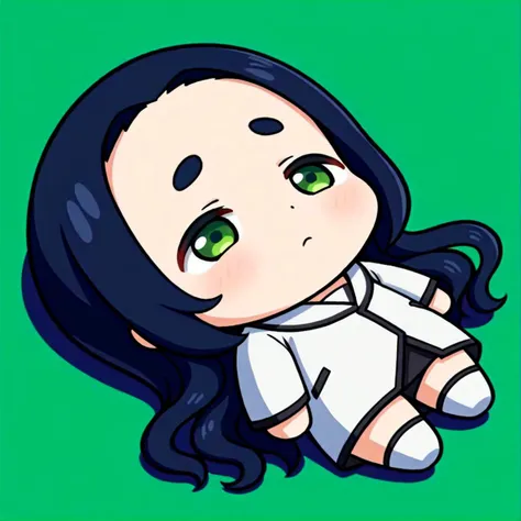 anime girl with green eyes laying down on a green background