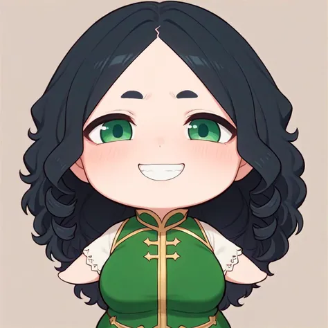 a cartoon girl with long black hair and green eyes