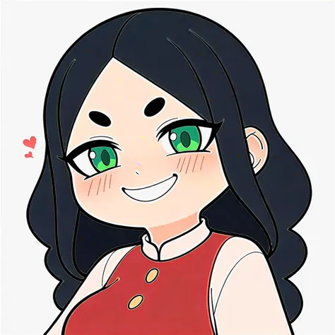 cartoon girl with green eyes and black hair in red dress