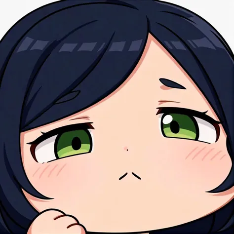 anime girl with black hair and green eyes looking at the camera