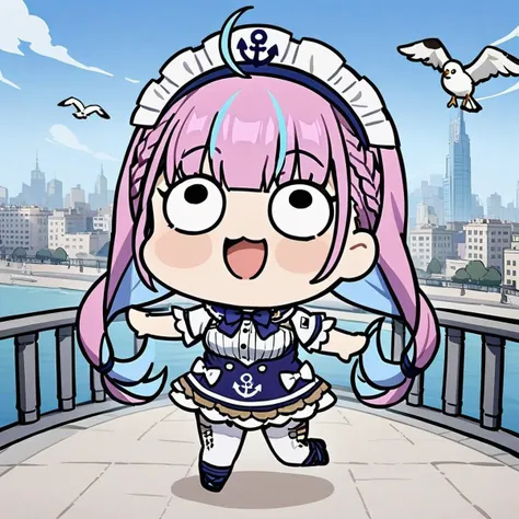 anime girl with pink hair and blue dress standing on a bridge