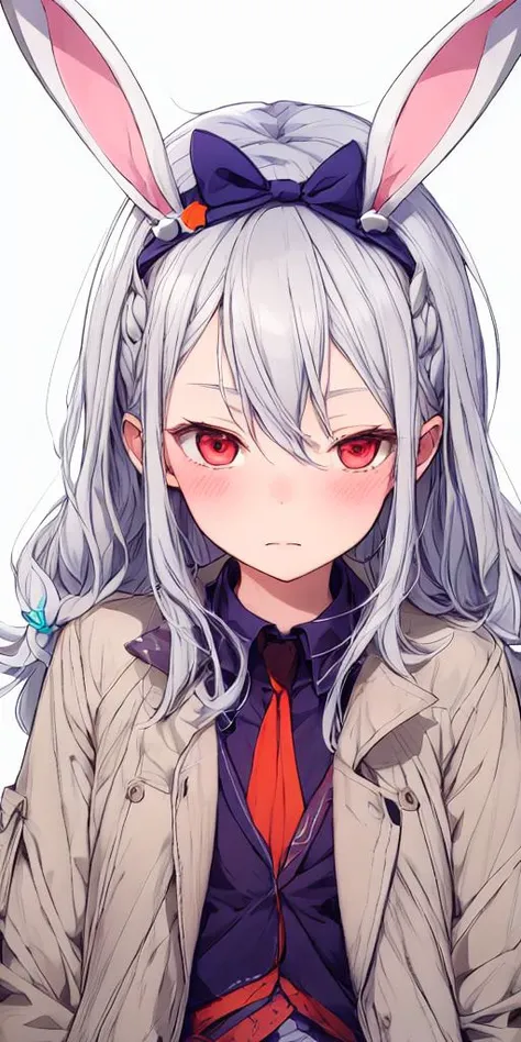 motituki himari,solo,1girl,<lyco:motituki himari:0.8>,1girl, solo, animal ears, bow, hair bow, rabbit ears, grey hair,  bangs,  long hair, upper body, jacket, long sleeves, white bow, blush, orange eyes, closed mouth, blue bow,<lora:flat2:-0.5>,<lora:boldl...