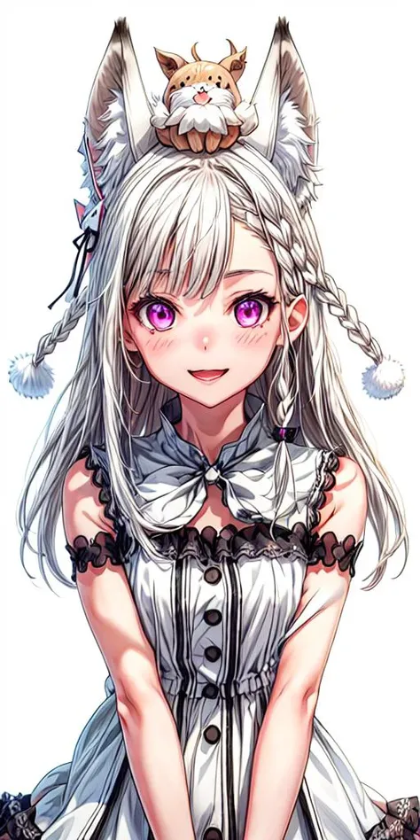 siromiya mimi,<lora:siromiya mimi:0.7>,1girl, virtual youtuber, animal ears, open mouth, long hair,upper body, braid, dress, purple eyes, smile, on head, animal on head, white background, white hair, animal ear fluff, simple background,,<lora:tawasi:-0.5>,...