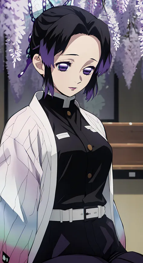 <lora:Kochou_Shinobu:0.9>, kochou shinobu, multicolored hair, no bangs, hair intakes, purple eyes, forehead, black shirt, black pants, haori, butterfly, buttons, belt, <lora:kimetsu_no_yaiba_style_offset:0.8>,