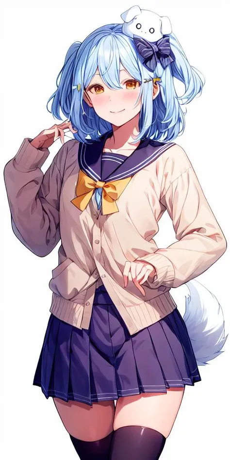 inuyama tamaki,solo,1girl,<lyco:inuyama tamaki:0.7>,male focus,thighhighs, tail, blue hair, solo, bow, skirt, two side up, school uniform, dog tail, smile, black thighhighs, hair ornament, hair bow, long sleeves, cardigan, o_o, zettai ryouiki, crossdressin...