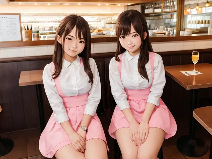 two women in pink uniforms sitting on a table in a restaurant