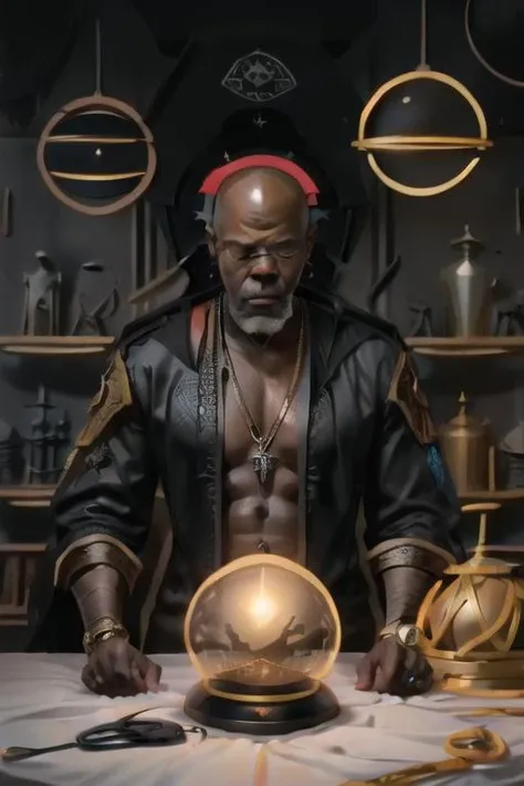 illustration of a man sleeping in bed and talking to a (black orb) on a shelf,  a (genie) of (Samuel L Jackson) is coming out of the orb saying "Its  late, why arent you in bed?",  Alexa device,   <lora:R2W_glass_painting:1>