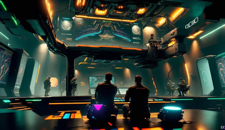 two men sit on a table in a futuristic room