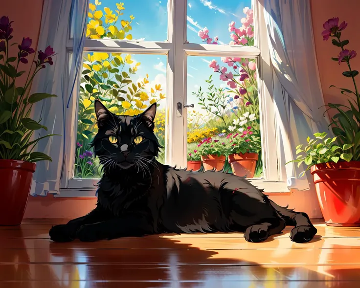 best quality,masterpiece,highly detailed,ultra-detailed,black cat  laying on ground ,animal focus
indoors, large windows,garden, flowers,open window,scenery,red brick floor, 
<lora:neg9V2_last:0.5> <lora:brushstroke_last:0.8>