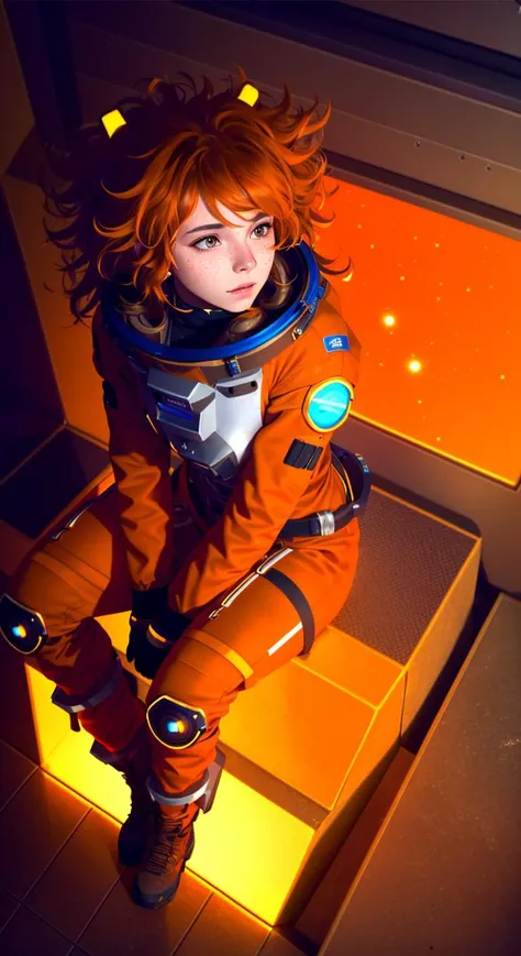 tiktok girl, (from_above:1.32) (sitting:1.2) brown_hairs , Messy_hair , future era, futuristic , orange space suit, astronaut, [helmet], face , tavern , jewelry, (full_body:1.4), (realistic:1.4), masterpiece, high quality, realistic lighting, center of fra...