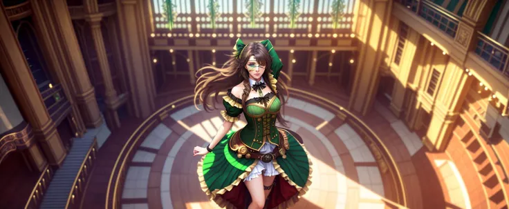 tiktok girl, (from_above:1.3) (standing:1.23) brown hair, , long hair , steampunk , green (dancer) , inside (operahouse, theater) , jewelry, (full_body:1.4), (realistic:1.4), masterpiece, high quality, realistic lighting, center of frame, 8k, hdr, amateur,...