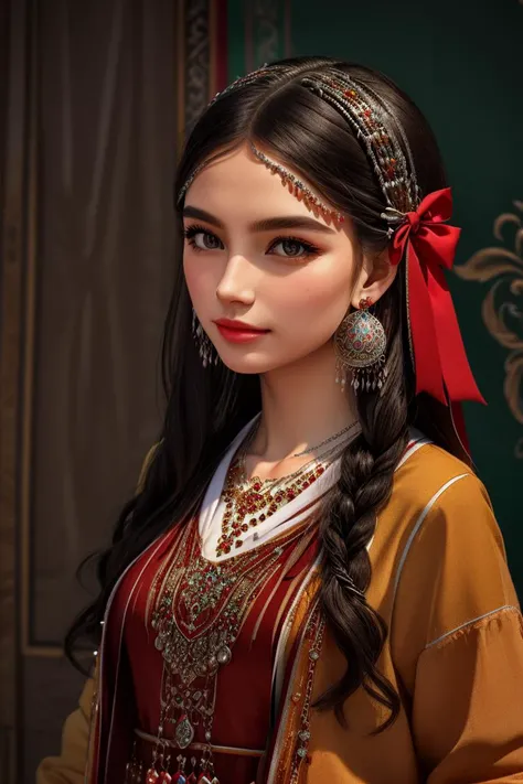 best quality,masterpiece,highly detailed,ultra-detailed,  
 <lora:neg9V2_last:0.5>,  1girl,  <lora:centralasia:1> centralasia traditional clothes,hair hair ornament, earrings, silver ornament,jewelry, necklace, hair hair ribbon,