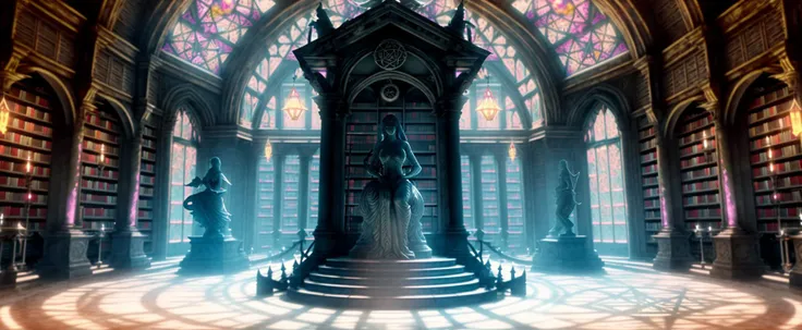 (horror) photography of arcane magical (((library))), abandoned intricate detail, many levels, (spooky), dusty. ((((statue))) (female girl woman)), close up middle ages, medieval, (nude, wings), podium, jewelry, (realistic:1.3), masterpiece, high quality, ...