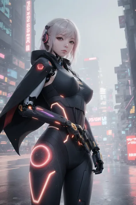 masterpiece, best quality, 4k,  mecha, <lora:GR:0.8>,<lora:Light and Shadow:0.6>,starry,sky,  star (sky), cape,  hair ribbon, slim legs,    long hair, white hair, cyberpunk, depth of field,  blur background,