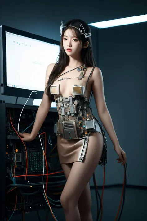 <lora:c0mp:0.65>, c0mp, machinery, cables, wires, computer part dress, short dress, best quality, masterpiece, illustration, realistic, photo-realistic, amazing, finely detail, incredibly absurdres, huge filesize, ultra-detailed, highres, extremely detaile...