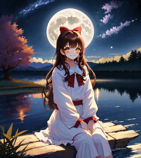 masterpiece, absurdres, best quality, 1girl, solo, moon, night, long hair, brown hair, sky, sitting on floor, full moon, outdoor...