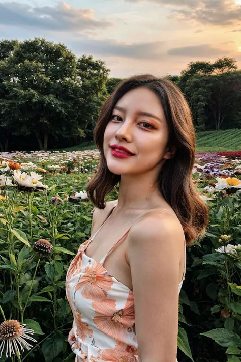 A woman in a vintage-inspired floral dress, her hair styled in loose waves, with a confident and radiant expression, open field, flower field, bloom, sunset, closed mouth, happy
masterpiece, best quality, intricate detail,  <lora:add_detail:0.8>    <lora:k...