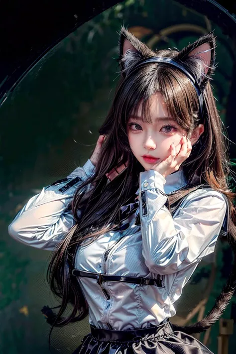 simple background,(Wearing a female catuniform and a cat ears:1.4), (ultra high res,photorealistic,realistic,best quality,photo-realistic),pureerosface_v1 <lora:more_details:1.1>, long hair, bangs,<lora:koreanDollLikeness:0.75>, ((detailed face:1.2),RAW ph...