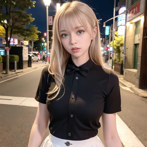 (8k, RAW photo, best quality, masterpiece:1.2), (realistic, photo-realistic:1.37), ultra-detailed, 1 girl,cute, solo,beautiful detailed sky,detailed tokyo street,night, medium breasts,beautiful detailed eyes,(collared shirt:1.1), bowtie,pleated skirt,(shor...